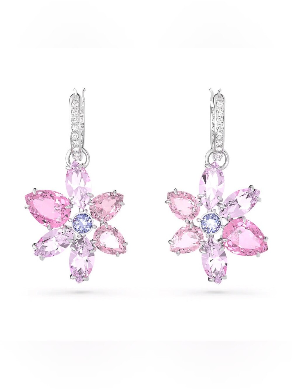 Swarovski Gema Flower Drop Earrings – Pink & Purple Crystals, Rhodium Plated